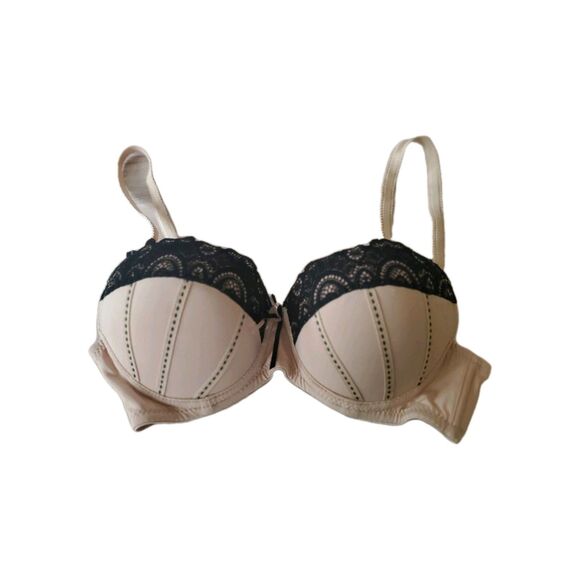 Jezebel Padded Push Up Bra 34B Nude Black Lace Corset Stitch - Picture 2 of 11